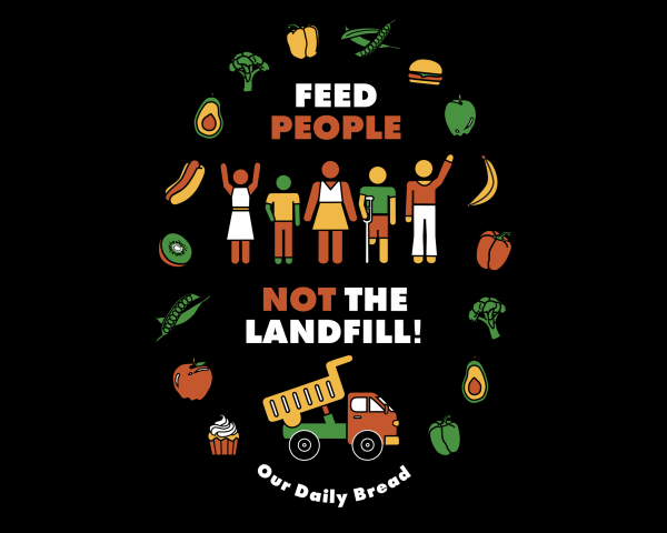 a bold, colorful, stylized graphic on it. There is text that says “Feed people”, then five diverse little figures, then “not the landfill!”, then a dump truck, then “Our Daily Bread”. An oval of illustrations of food surrounds everything. The figures all have different skin colors and clothing that are the colors of the graphic around them- white, yellow, green and red. One medium sized, thin figure has its arms raised and is wearing a dress. One is shorter and thinner and has a hand on its hip, a t shirt and pants. One has its hands at its sides and a top and skirt. One is holding a crutch on one side, its leg ending at the knee, wearing a t shirt and shorts. One is taller, waving one arm high, wearing bell bottoms and a long sleeved shirt. The dump truck is rounded and stylized. The food in the oval formation is red, yellow and green bell peppers, peas, a burger, a banana, broccoli, avocados, a hot dog, red and green apples, a kiwi, a hot dog, and a cupcake.